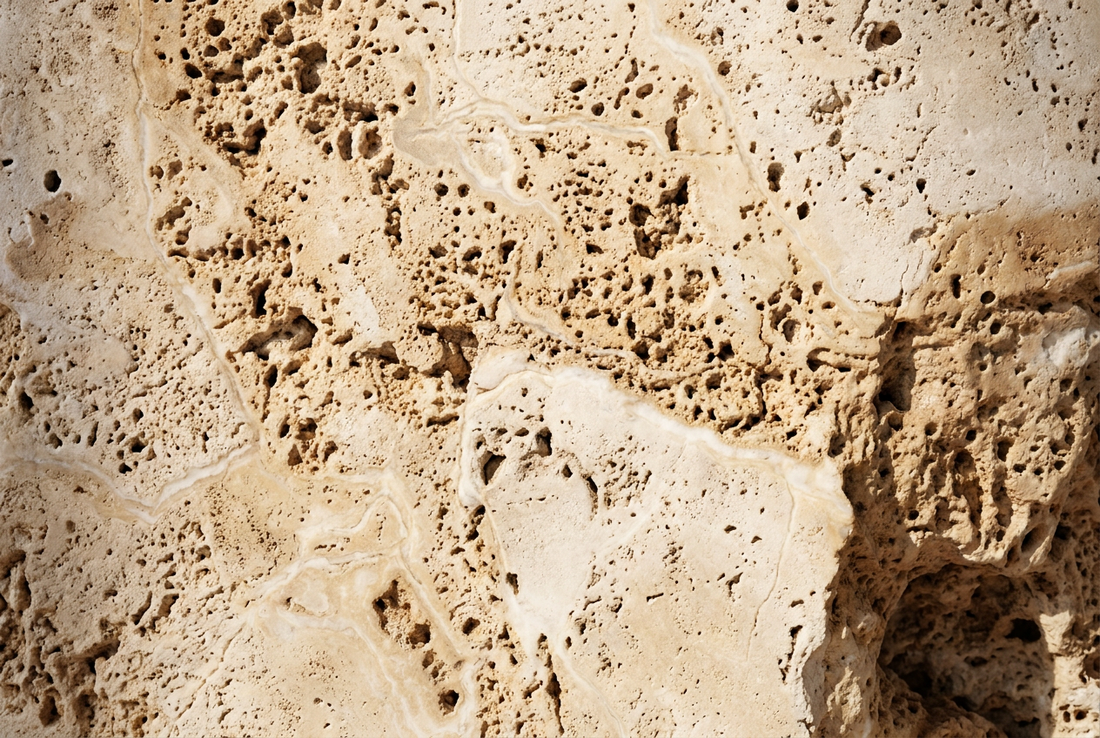travertine stone surface macro — natural stone furniture that shows its age beautifully