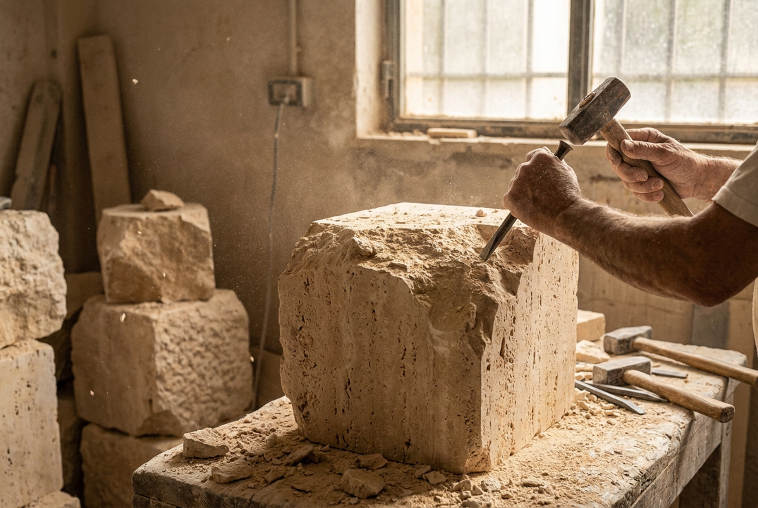stone craftsman in Tivoli Italy — how The Roman Plinth travertine side table is made