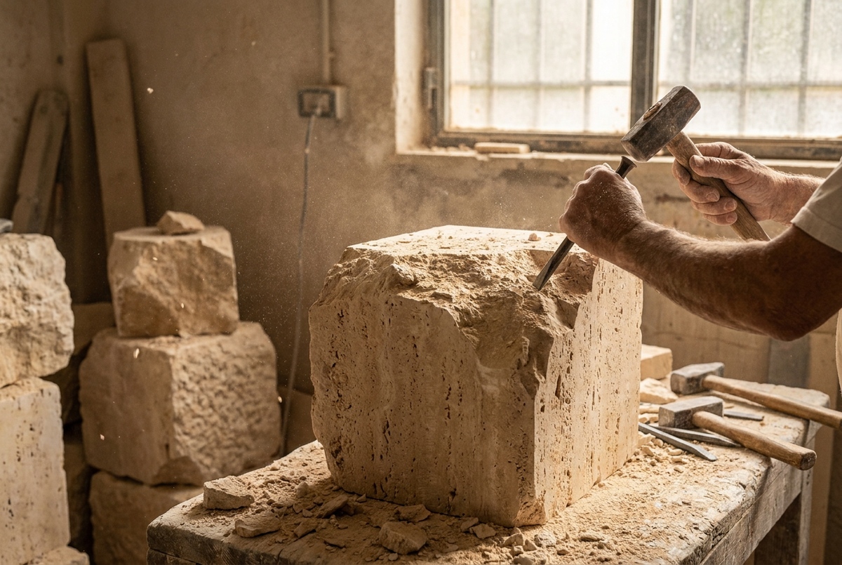 stone craftsman in Tivoli Italy — how The Roman Plinth travertine side table is made