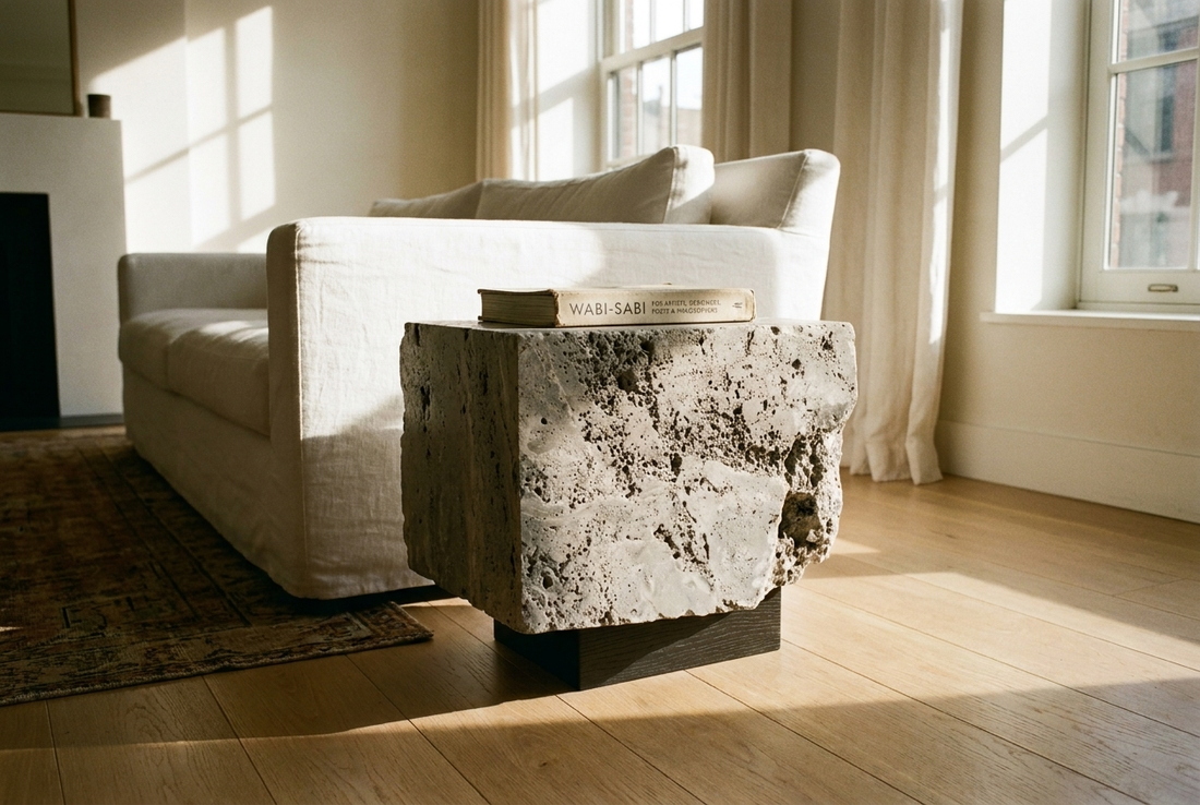 The Roman Plinth travertine side table in West Village New York apartment