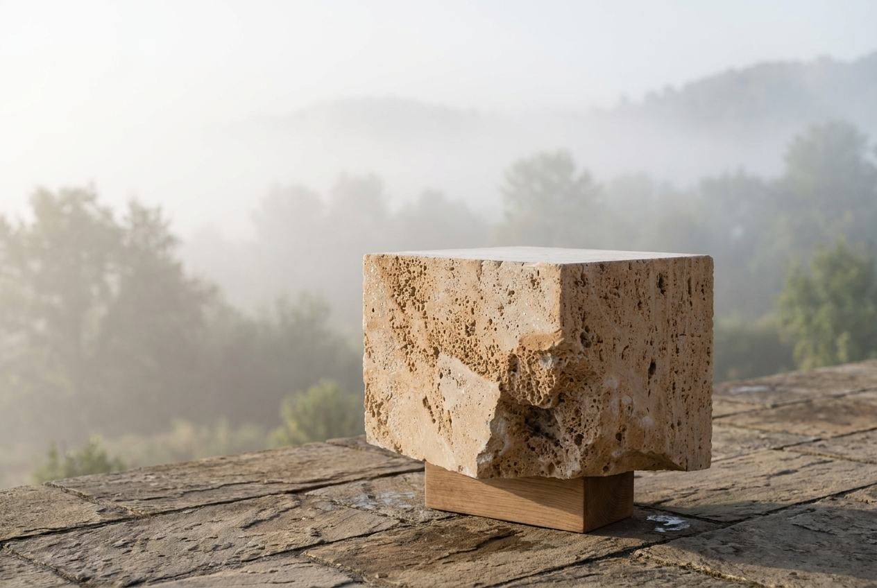 travertine side table on outdoor terrace — stone furniture across climates