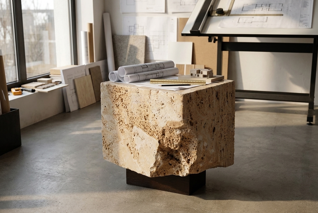 travertine side table in architect studio — how architects specify stone furniture