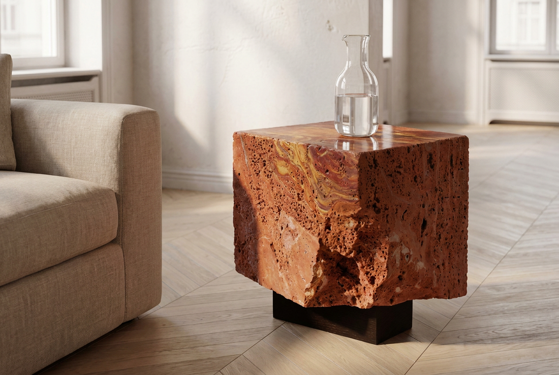 red travertine side table — iron oxide stone furniture for bold interiors