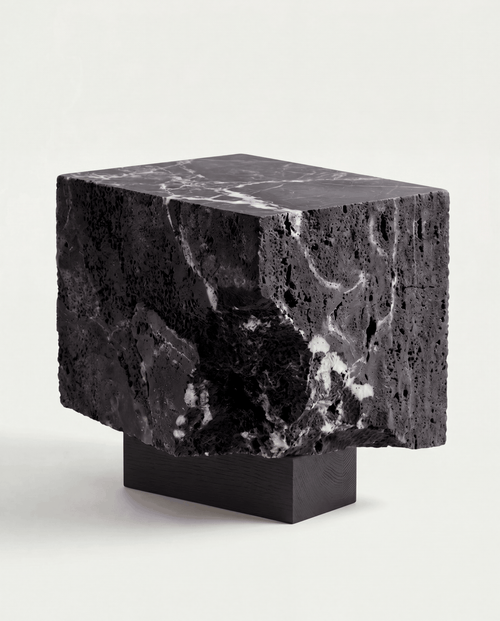 The Roman Plinth Calacatta Black – dark travertine with calcite vein, dramatic finish
