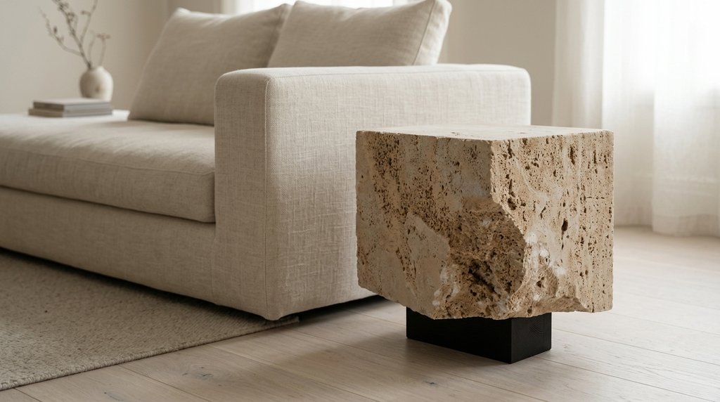 Modern living room with a textured stone side table and beige sofa.