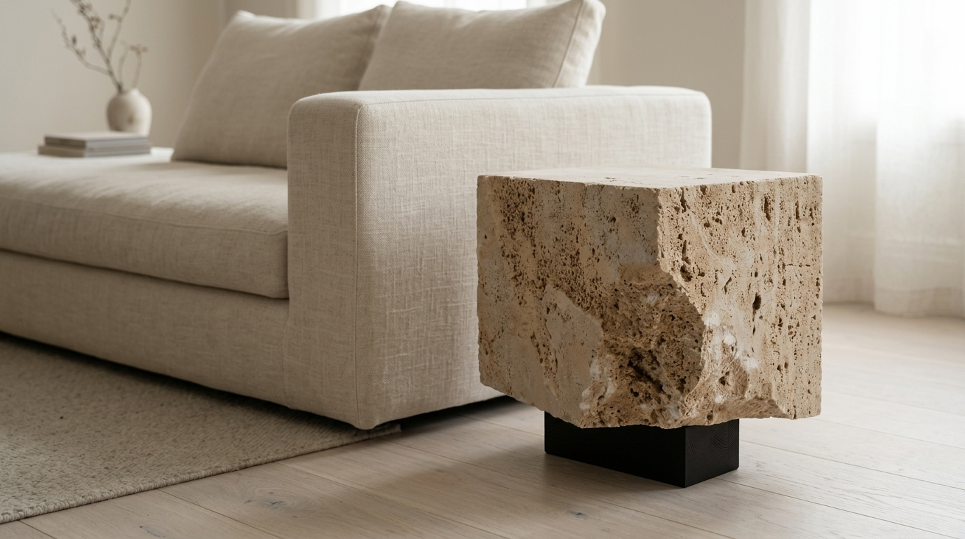 Modern living room with a textured stone side table and beige sofa.