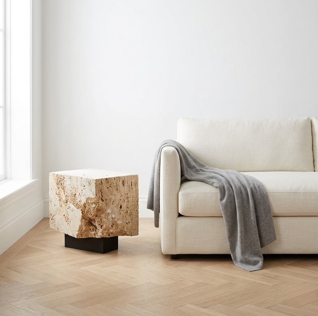 Beige travertine — raw sides, honed top surface
