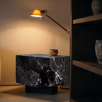 Calacatta Noir marble sample, 10 × 10 cm, honed face and raw reverse — Tobia Stones
