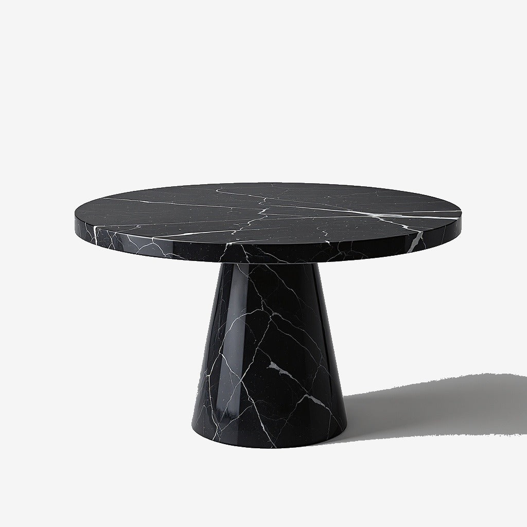 The Disc Coffee Table — Hero view, Nero Marquina marble disc on conical stone pedestal