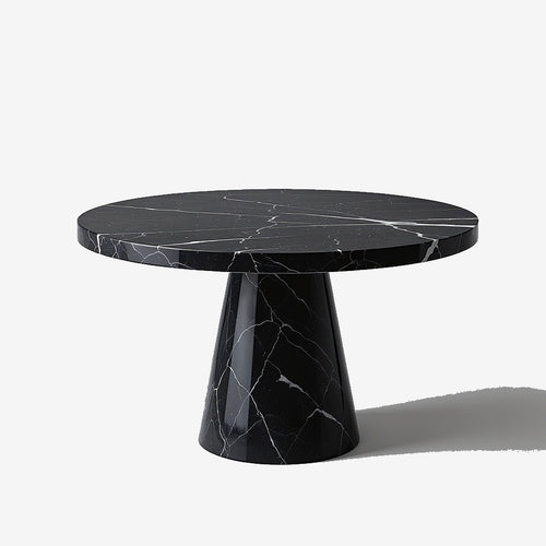 The Disc Coffee Table — Hero view, Nero Marquina marble disc on conical stone pedestal