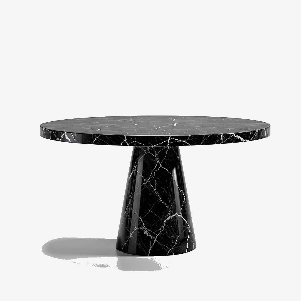 The Disc Coffee Table — Front view, circular Nero Marquina disc top and tapered base