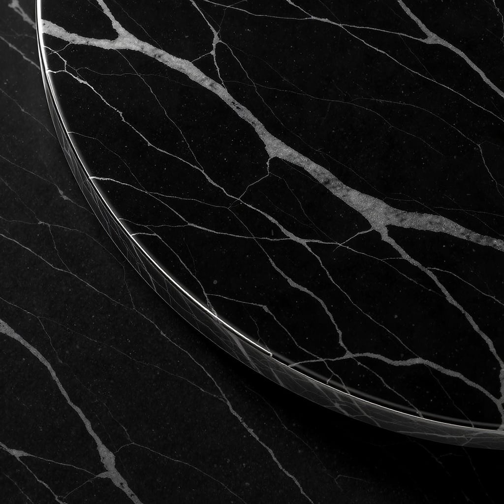 The Disc Coffee Table — Polished edge detail, Nero Marquina marble with white veining