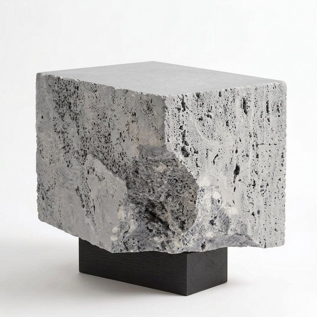 The Roman Plinth Grey Travertine — hero 3/4 view, black oak base, geological hollow cavity