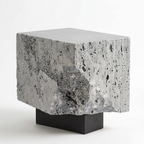 The Roman Plinth Grey Travertine — hero 3/4 view, black oak base, geological hollow cavity