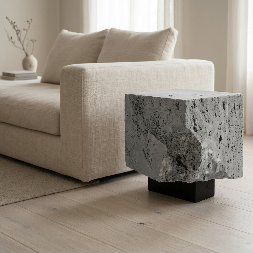 The Roman Plinth Grey Travertine — editorial styling beside dark upholstered sofa