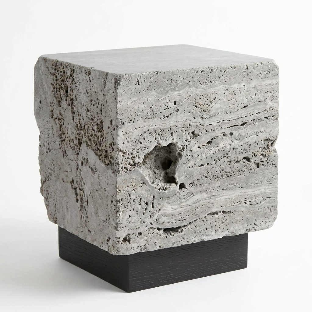 The Roman Plinth Grey Travertine — 3/4 right angle showing sedimentary layers and honed top