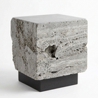 The Roman Plinth Grey Travertine — 3/4 right angle showing sedimentary layers and honed top
