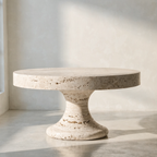 The Travertine Drum Coffee Table — warm ivory travertine, mushroom pedestal base, honed top surface