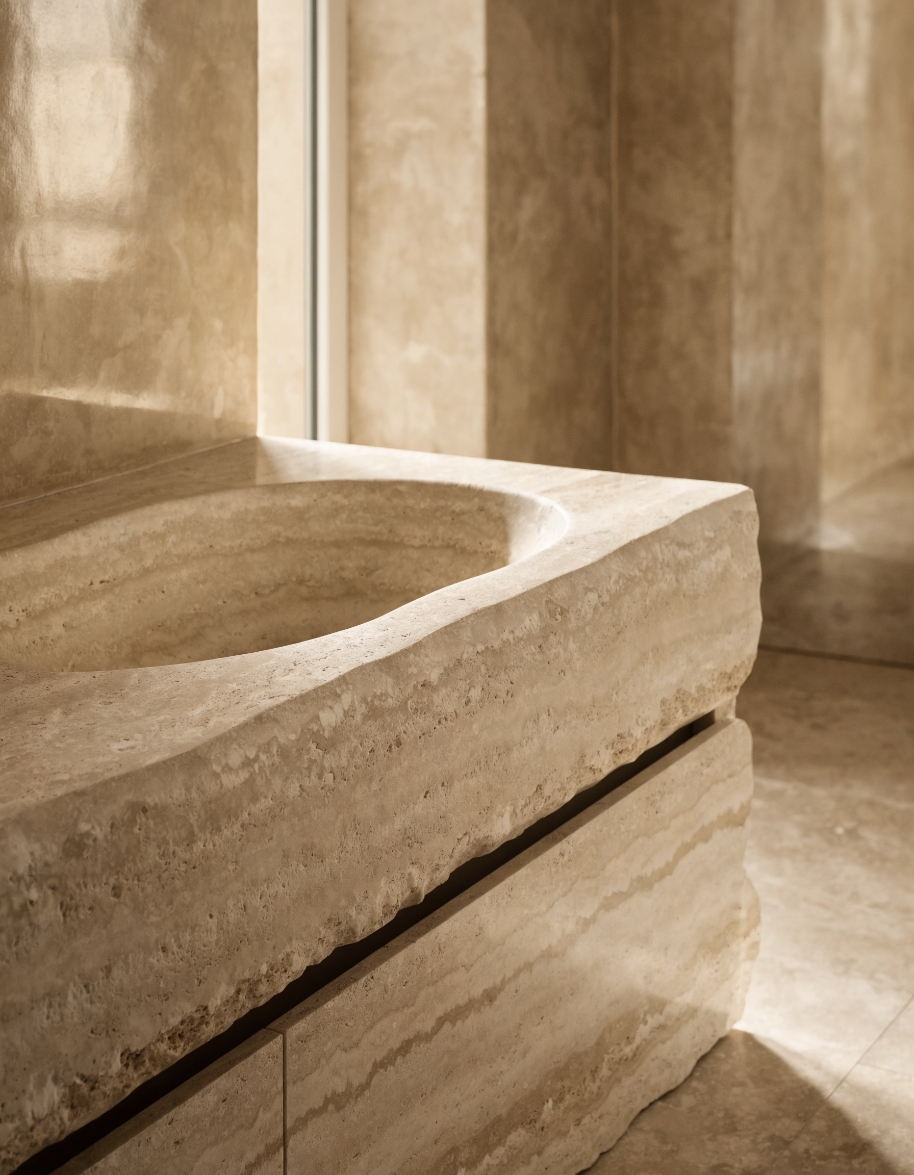 The Carved Travertine Vanity in minimal bathroom — polished plaster walls, stone floor, natural daylight