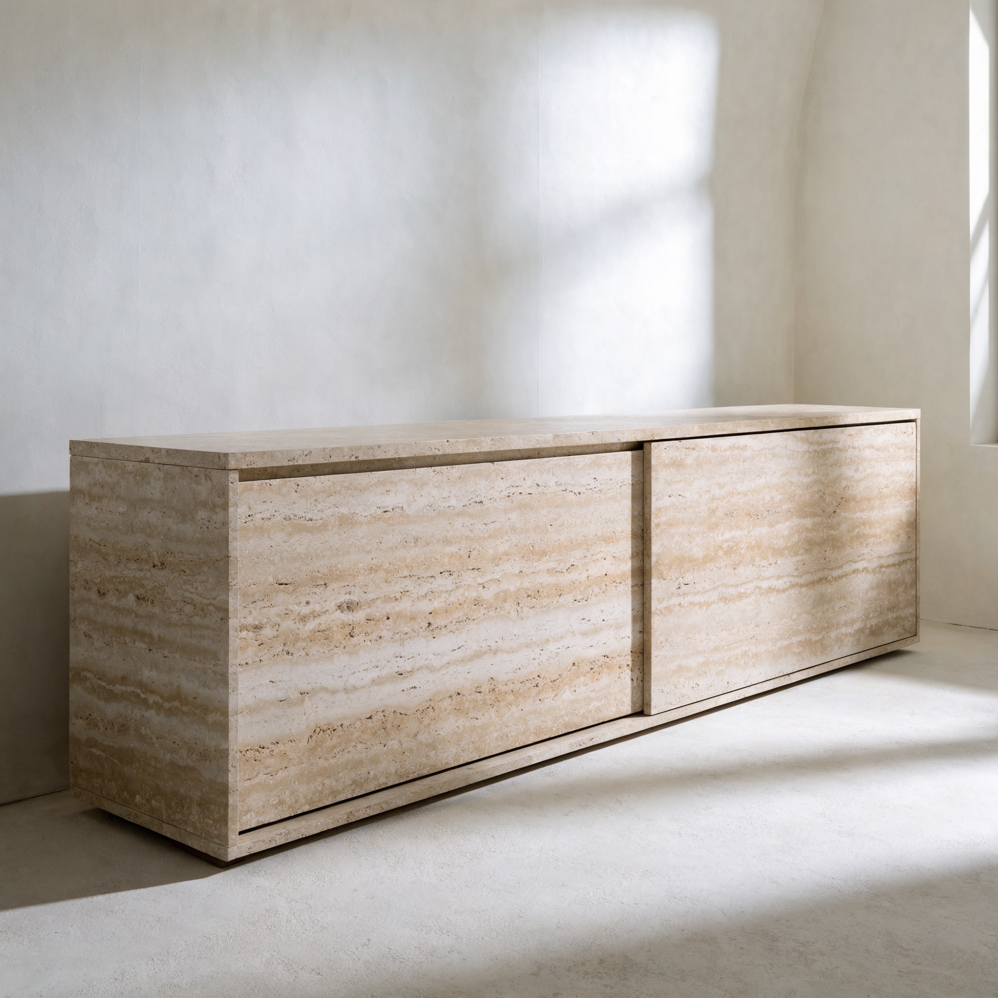 The Travertine Credenza with sliding stone panel doors — horizontal travertine grain, warm ivory tones