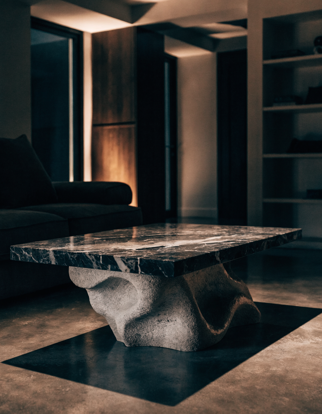 The Wave Coffee Table in dramatic living room — polished concrete floor, warm amber ambient light