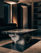 The Wave Coffee Table in dramatic living room — polished concrete floor, warm amber ambient light
