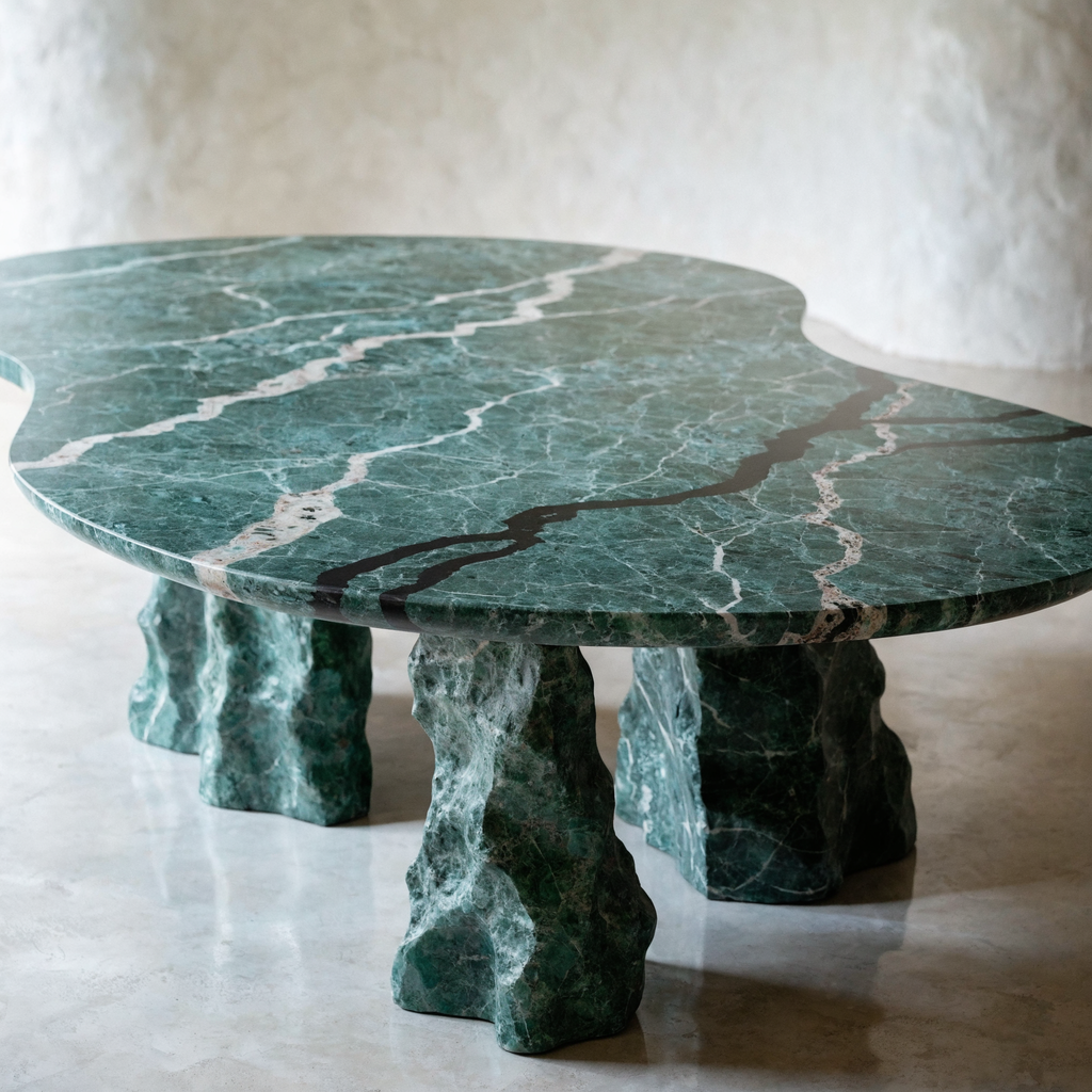 The Amazon Dining Table in vivid Amazon Green freeform marble — serpentinite surface, sculptural organic form