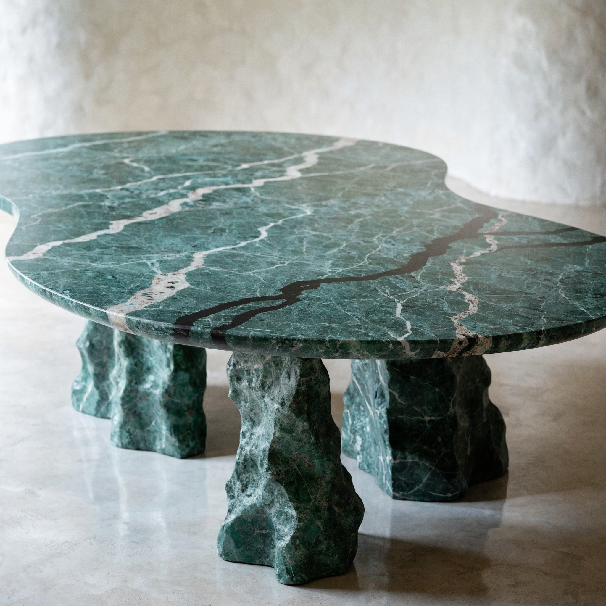 The Amazon Dining Table in vivid Amazon Green freeform marble — serpentinite surface, sculptural organic form