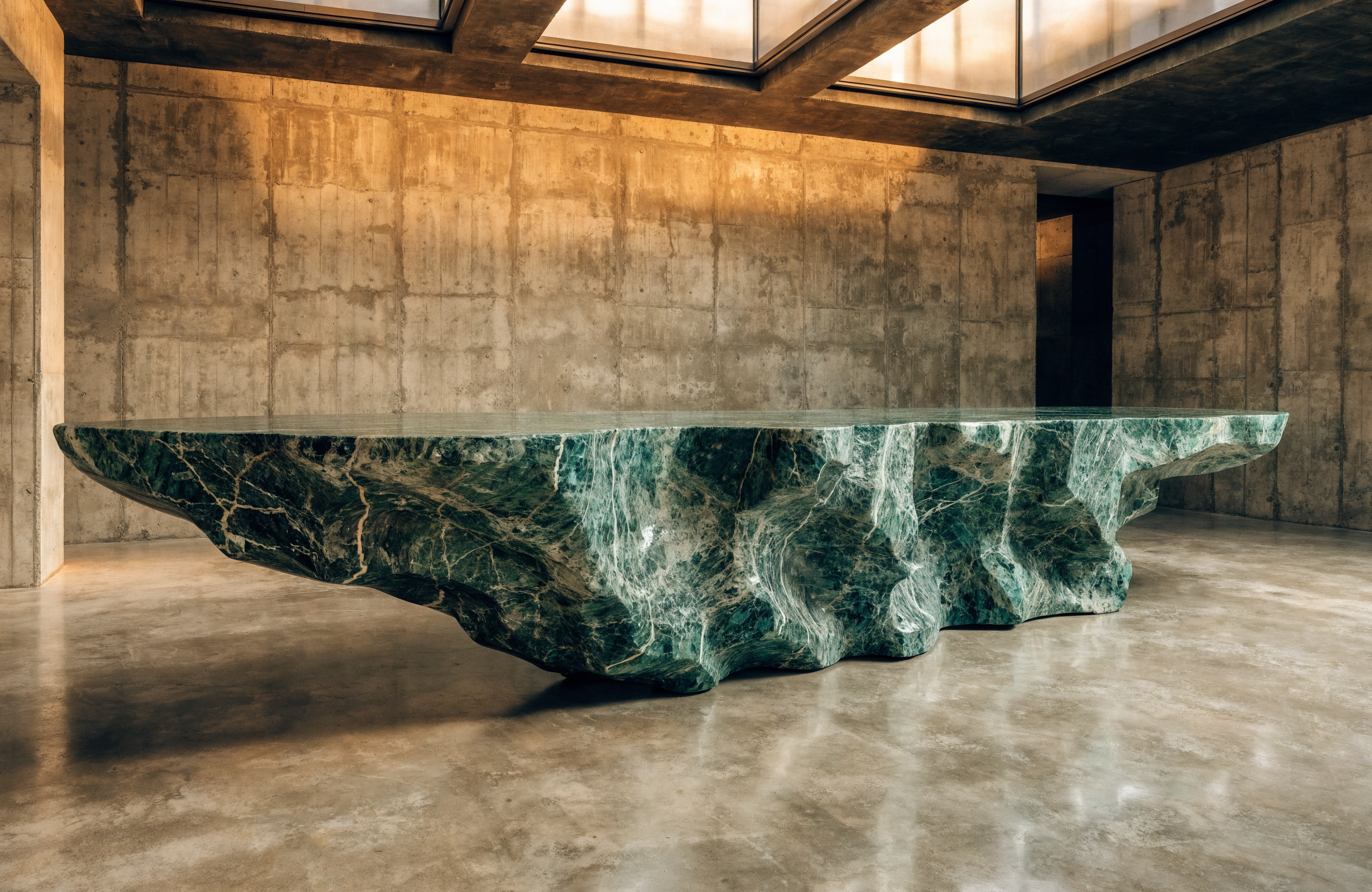 The Amazon Dining Table in raw concrete space — board-formed concrete walls, skylights, South American editorial