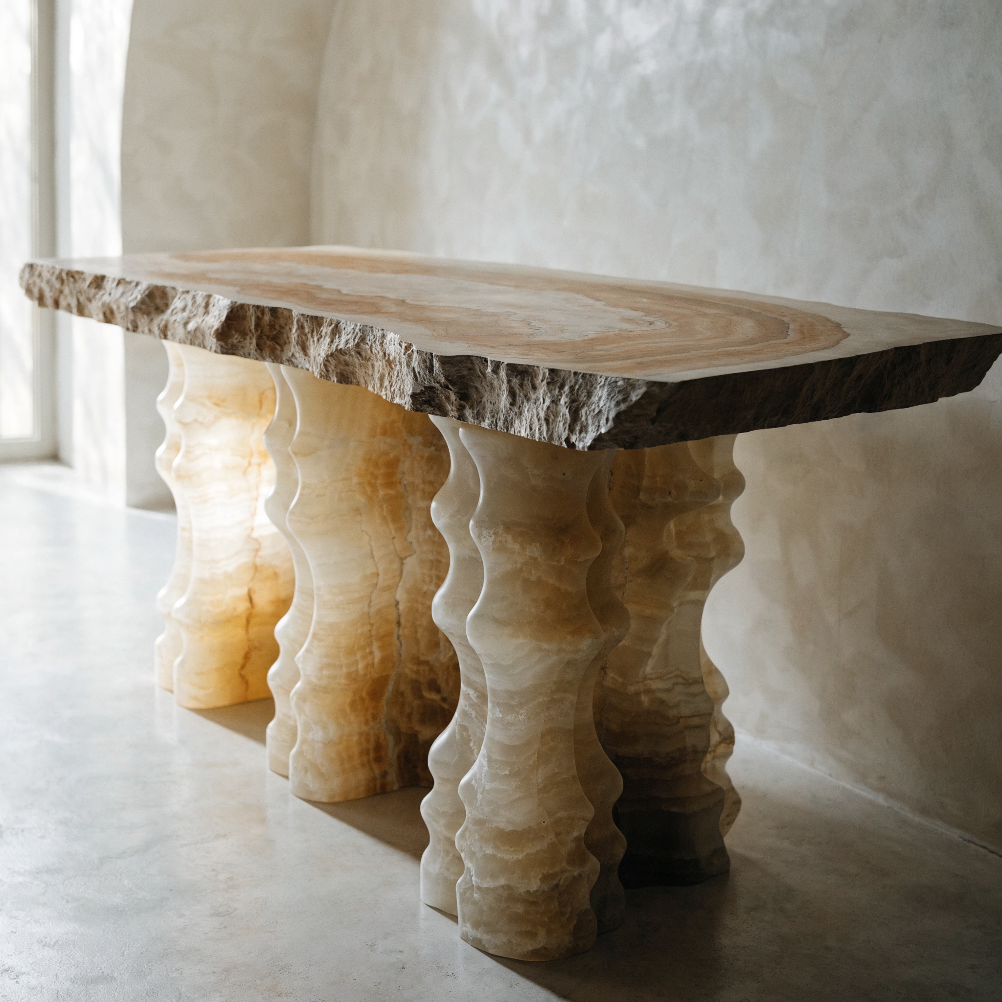 The Primordial Console — live-edge stone slab top, translucent onyx sculptural column legs
