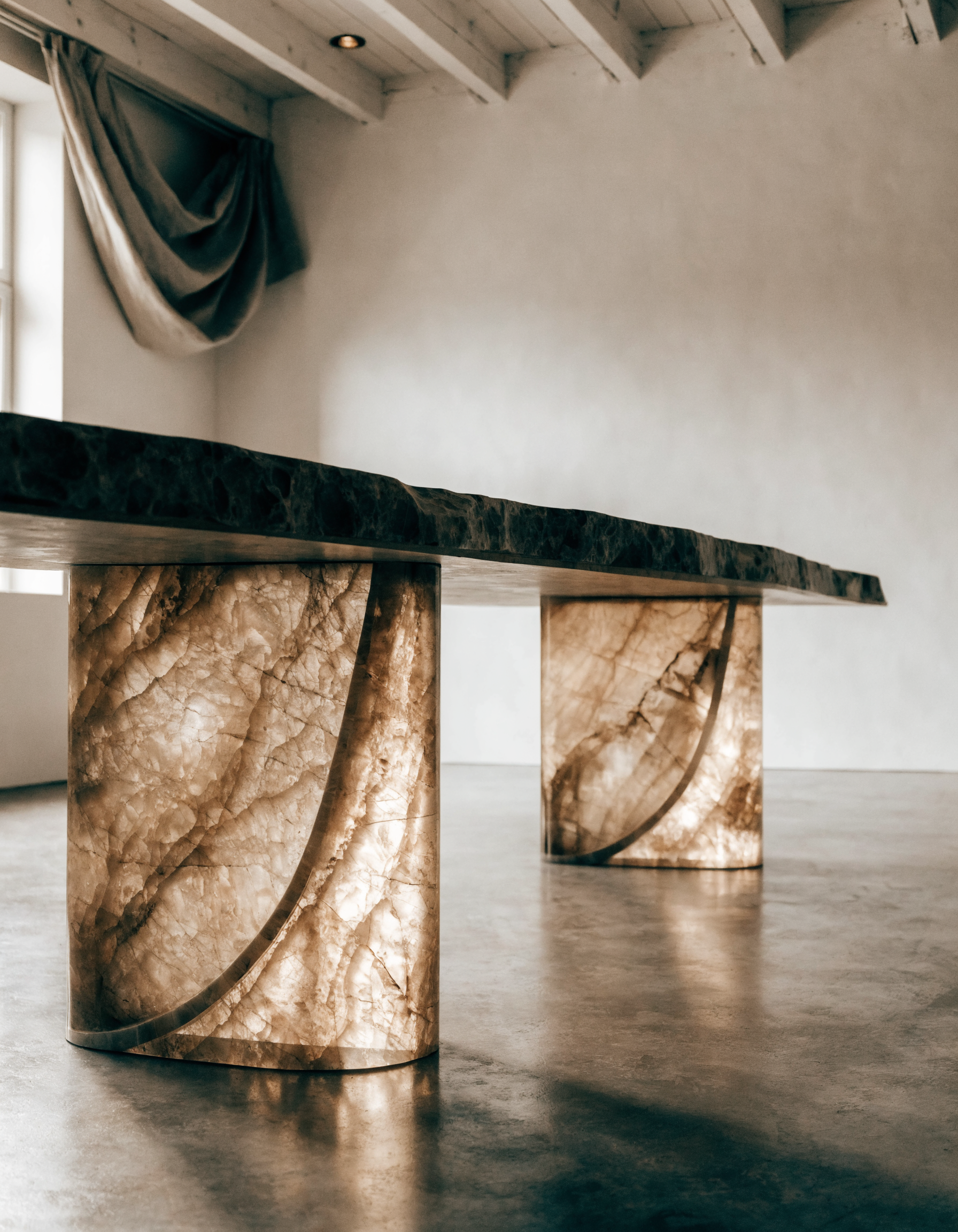 The Primordial Console in minimalist loft — concrete floor, onyx legs catching window light