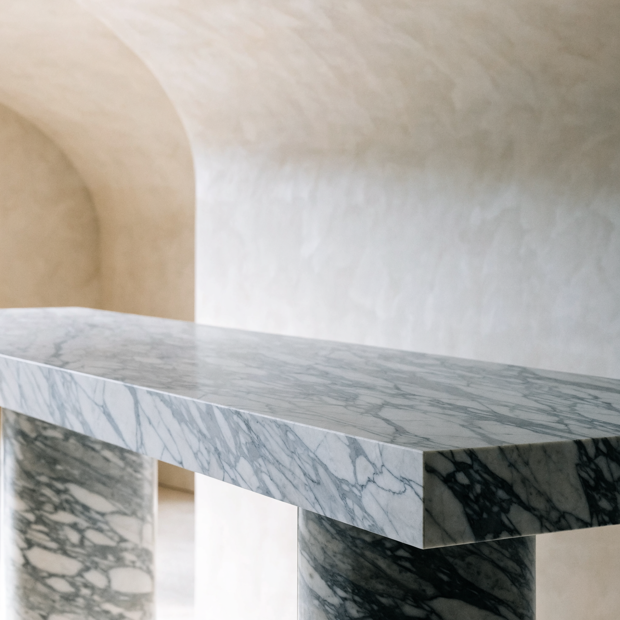 The Roman Colonnade Console in grey veined marble — cylindrical column pedestals, full console length