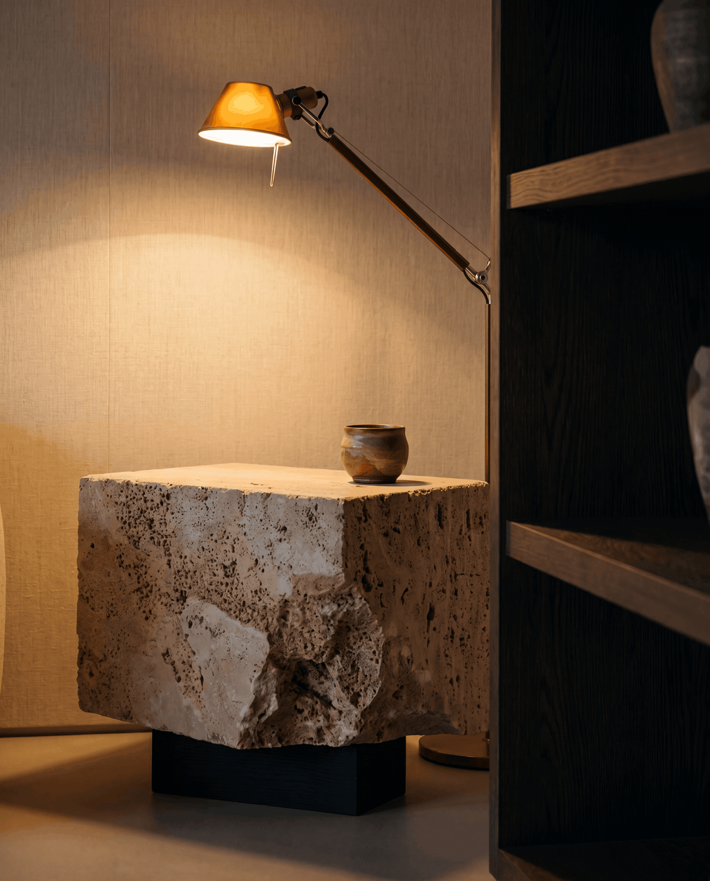 Beige travertine — solid stone block, architectural side table