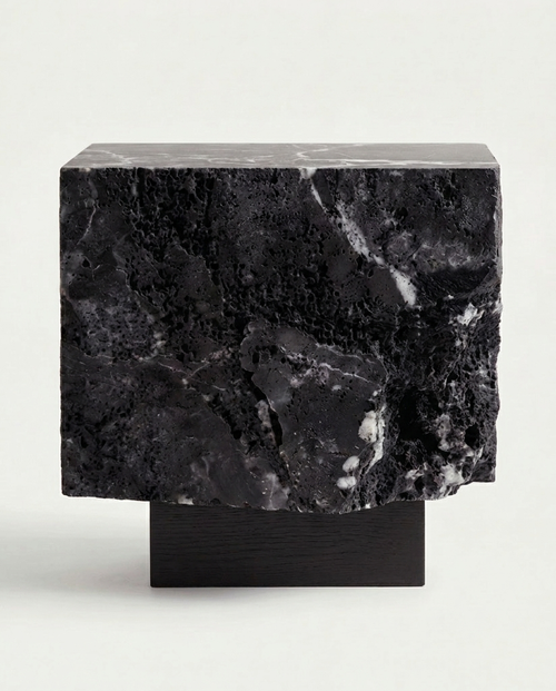The Roman Plinth — travertine side table, living room, warm stone tones