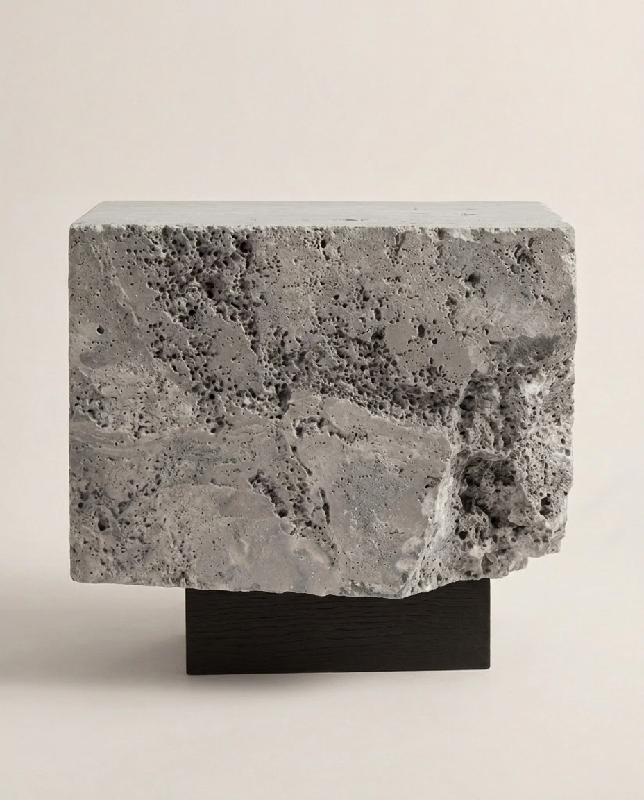 The Roman Plinth Beige Travertine – lifestyle render, warm interior, natural stone side table
