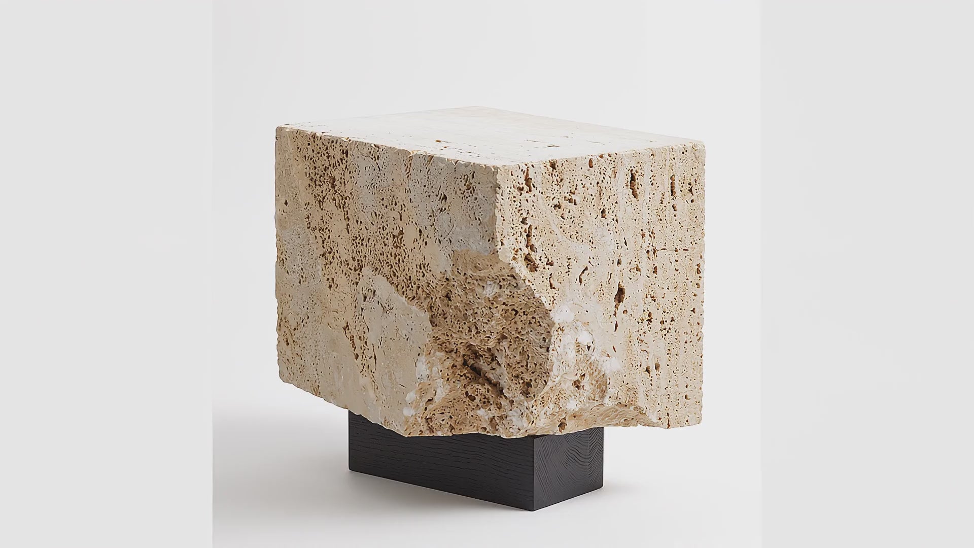 Roman Plinth travertine side table – 360° orbital view showing raw stone texture and honed top surface