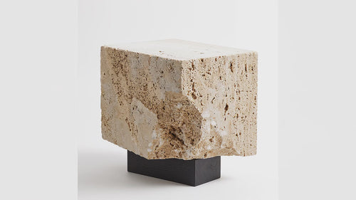 Roman Plinth travertine side table – 360° orbital view showing raw stone texture and honed top surface