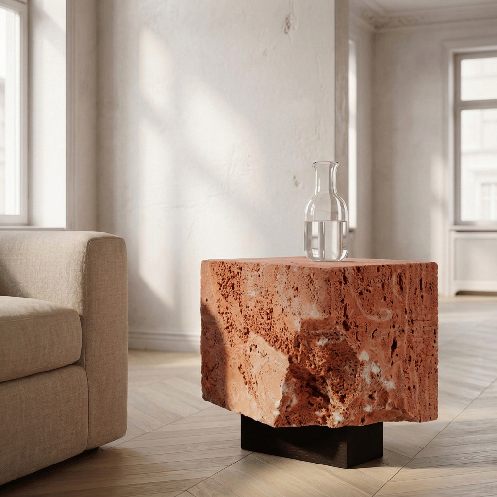 The Roman Plinth — Red Travertine, architectural angle